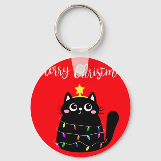Porte-clés Cute cartoon noir Cat Christmas tree (Recto)