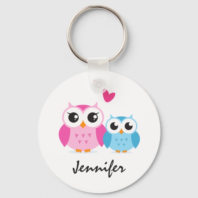 Porte-clés Cute cartoon owls with hearts personalized name (Recto)