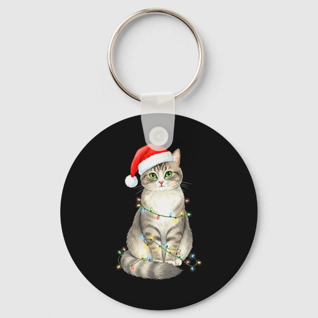 Porte-clés Cute Cat Christmas Lights Santa Hat Snow Holiday A (Recto)