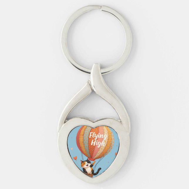 Porte-clés Cute Chat Hot Air Balloon Whimsical Art (Devant)