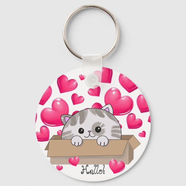 Porte-clés Cute chaton dans une boîte et les coeurs roses (Recto)