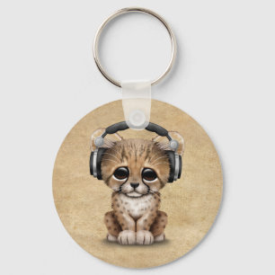 Porte-clés Cute Cheetah Cub Dj Porte Un Casque