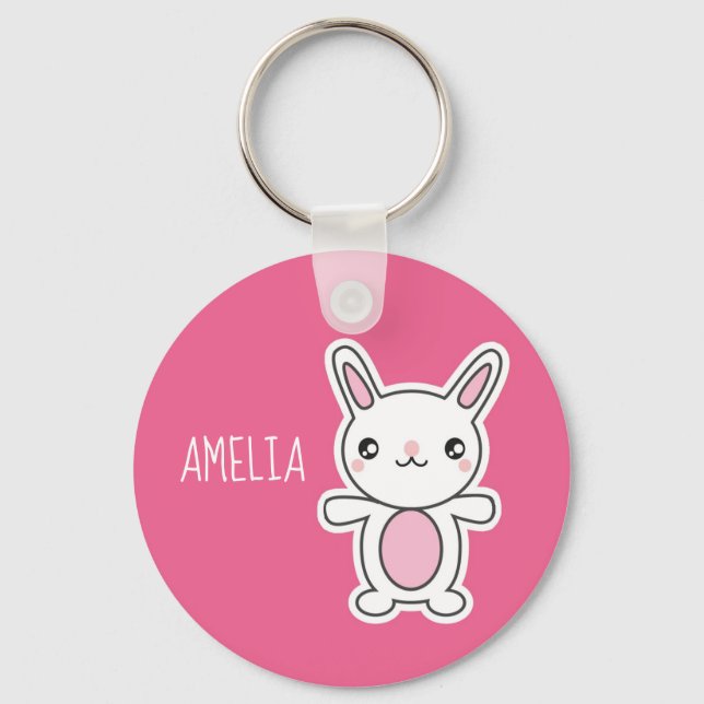 Porte-clés Cute Chibi Bunny Pink Personnalisé (Recto)