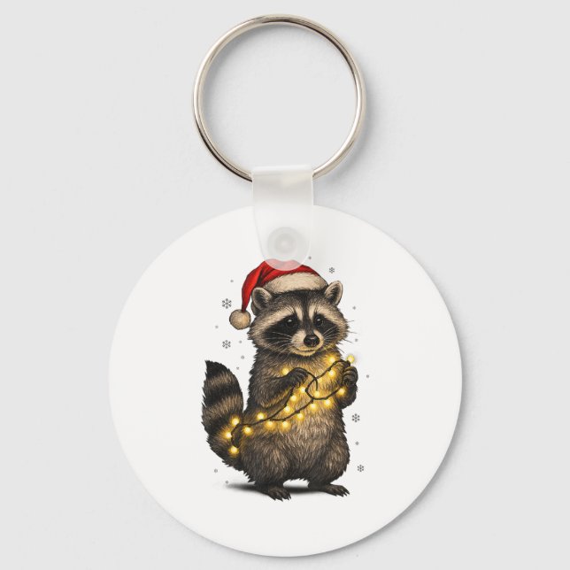 Porte-clés Cute Christmas Raccoon Funny Holiday Lights Animal (Recto)