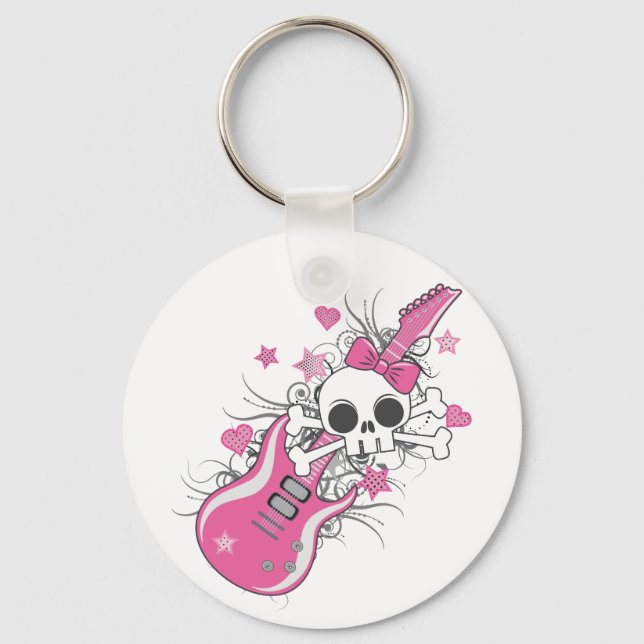 Porte-clés Cute crâne avec guitare rose (Recto)