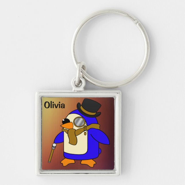 Porte-clés Cute dessin animé pingouin tannée cuir brun (Devant)