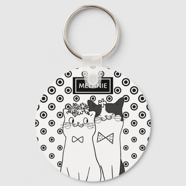 Porte-clés Cute Dotty Cats in Love Personalised (Recto)