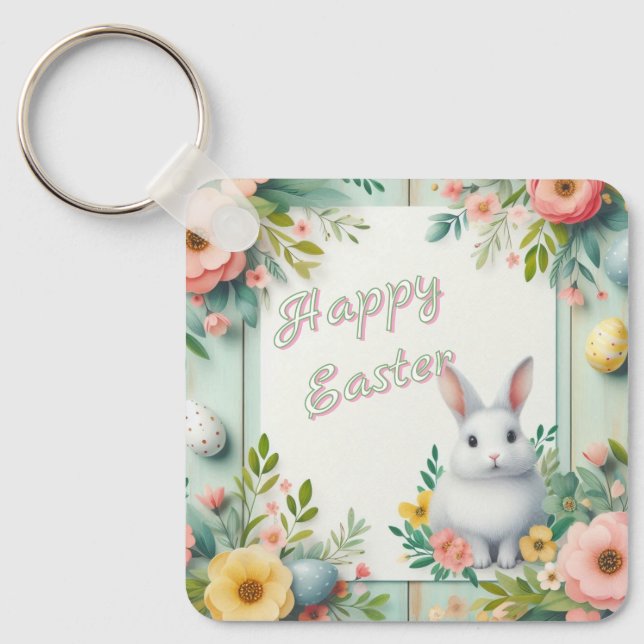 Porte-clés Cute, floral heureux lapin de Pâques (Recto)