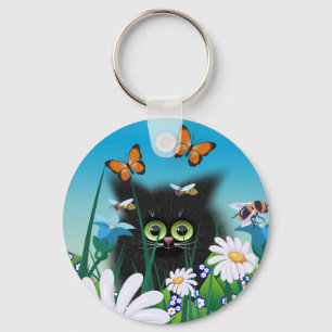 Porte-clés Cute Fluffy Black Kitten et Daisy Art