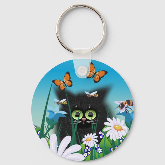 Porte-clés Cute Fluffy Black Kitten et Daisy Art (Recto)