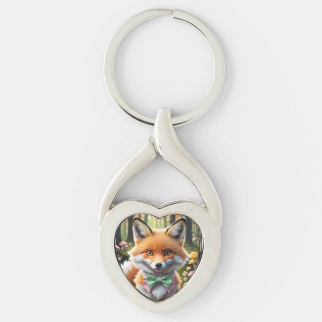 Porte-clés Cute Fox avec arc vert et rose (Devant)