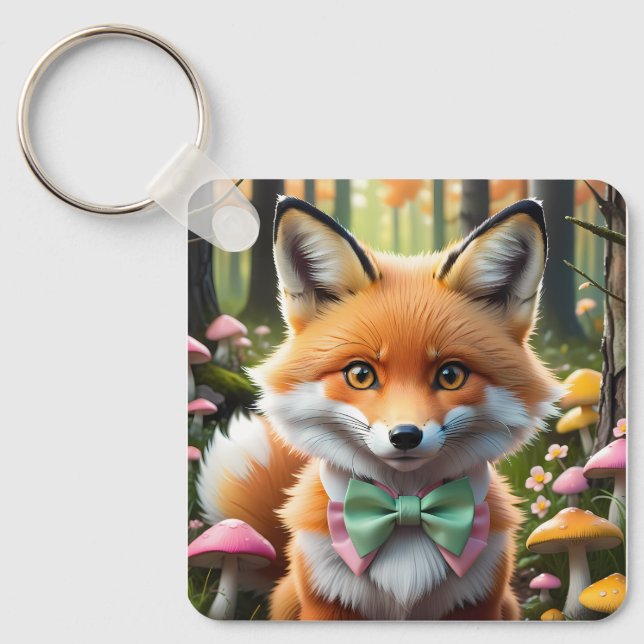 Porte-clés Cute Fox avec arc vert et rose (Recto)