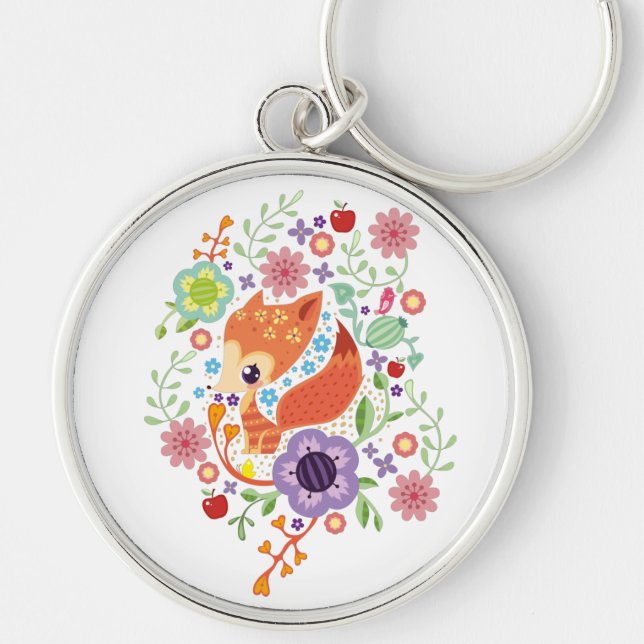 Porte-clés Cute Fox Baby Art Animal Avec Floral (Devant)