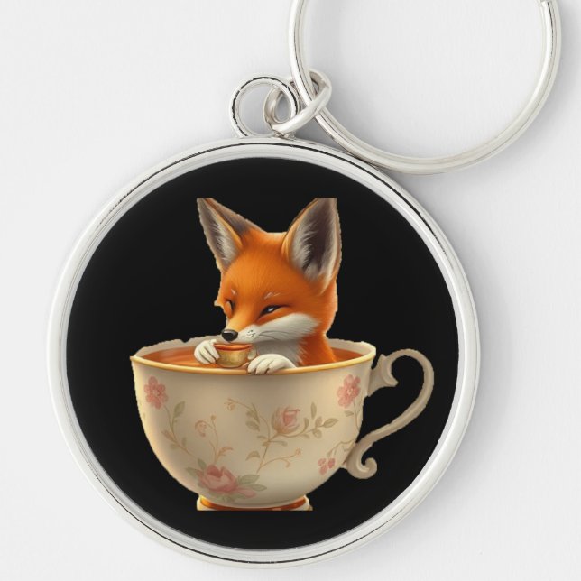 Porte-clés Cute Fox Drinking Tea on Groomsmen Gift (Devant)