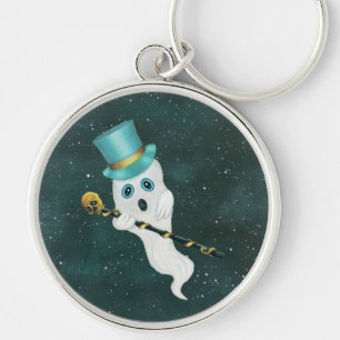 Porte-clés Cute Ghost Silly Face Wearing Top Hat Skull Cane 