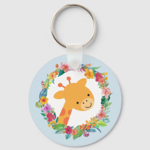 Porte-clés Cute Giraffe avec une aquarelle fleurie Wreath