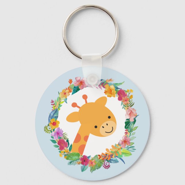 Porte-clés Cute Giraffe avec une aquarelle fleurie Wreath (Recto)