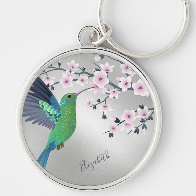 Porte-clés Cute Green Hummingbird Cherry Blossom Ajouter Nom  (Devant)
