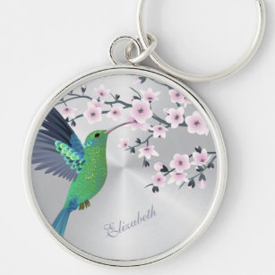 Porte-clés Cute Green Hummingbird Cherry Blossom Ajouter Nom 