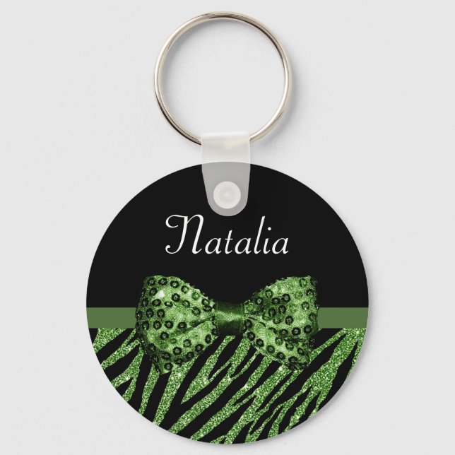 Porte-clés Cute Green Zebra Print FAUX Glitz Bow avec nom (Recto)