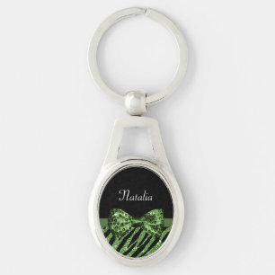 Porte-clés Cute Green Zebra Print FAUX Glitz Bow avec nom