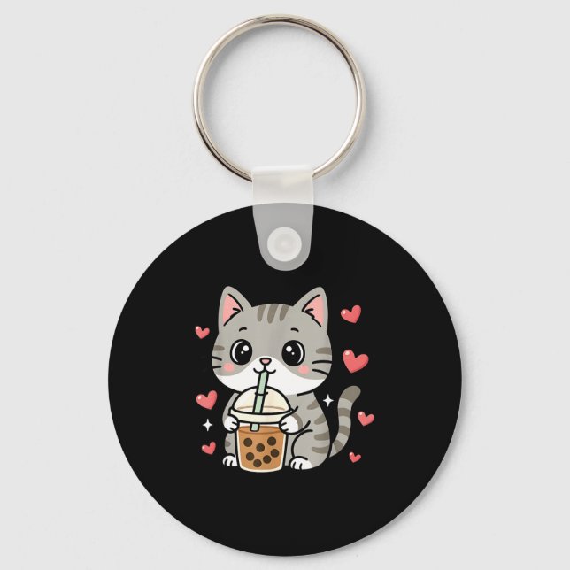 Porte-clés Cute Grey Cat Boba Tea Bubble Tea Anime Kawaii Nek (Recto)