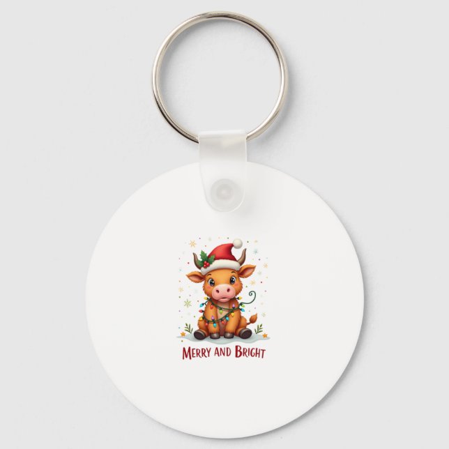 Porte-clés Cute Highland Baby Cow Christmas Lights Merry & Br (Recto)