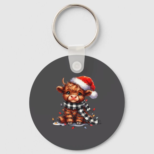 Porte-clés Cute Highland Cow Christmas Lights Santa Hat Winte (Recto)