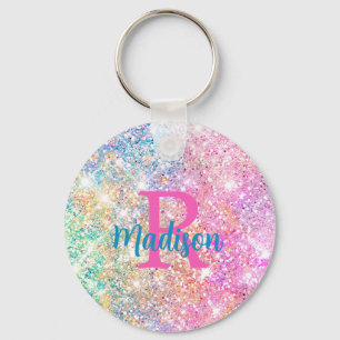 Porte-clés Cute iridescent unicorn pink faux glitter monogram