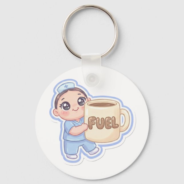 Porte-clés Cute Kawaii Chibi Nurse Giant Coffee Fuel  (Recto)