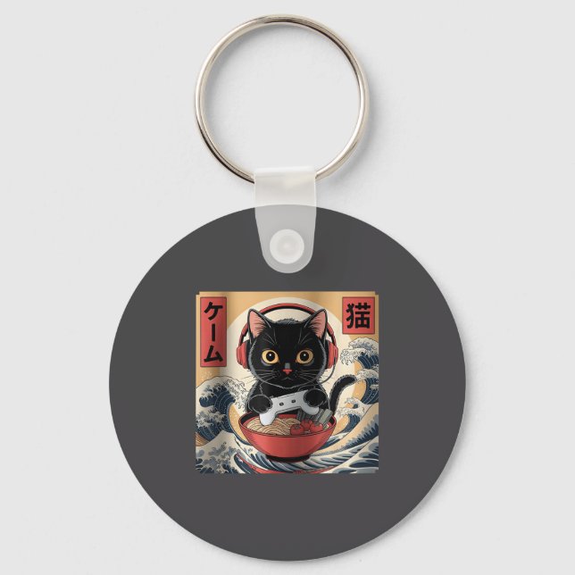 Porte-clés Cute Kawaii Gamer Cat Funny Ramen Retro Japanese C (Recto)