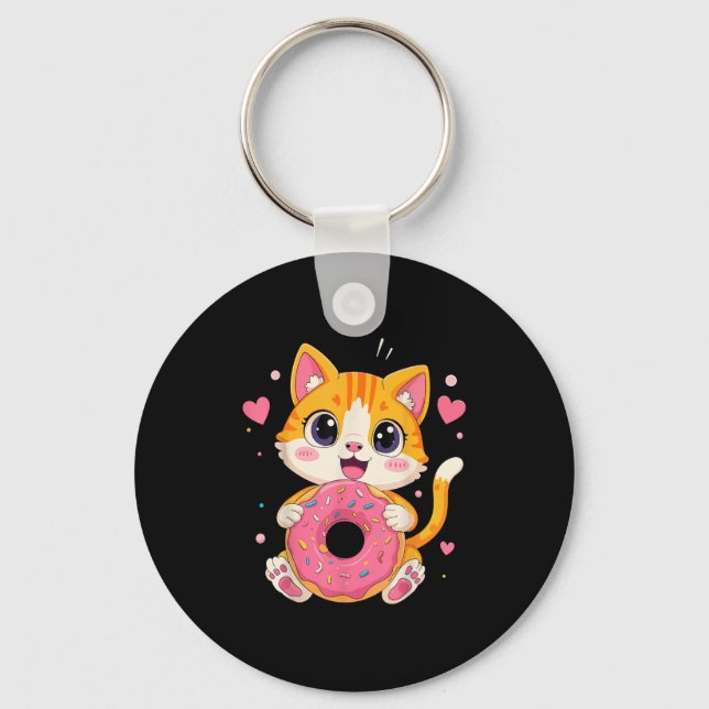Porte-clés Cute Kawaii Kitten Holding Donut Funny Graphisme (Recto)