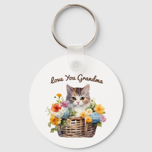Porte-clés Cute Kitten en panier de fleurs (Recto)