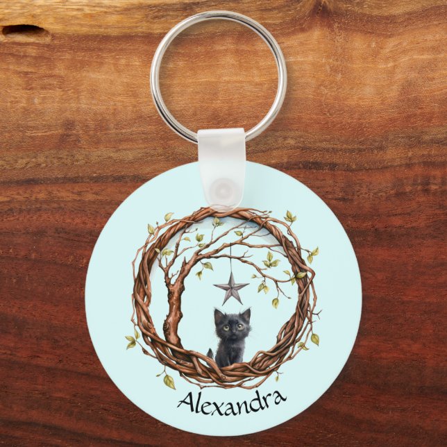 Porte-clés Cute Kitten noir regarder une étoile (Recto)