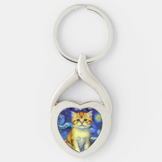 Porte-clés Cute Kitten Starry Night Van Gogh (Devant)
