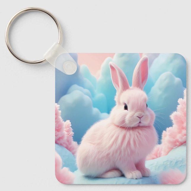 Porte-clés Cute Lapin Rose Coton Bonbons Nuages (Recto)
