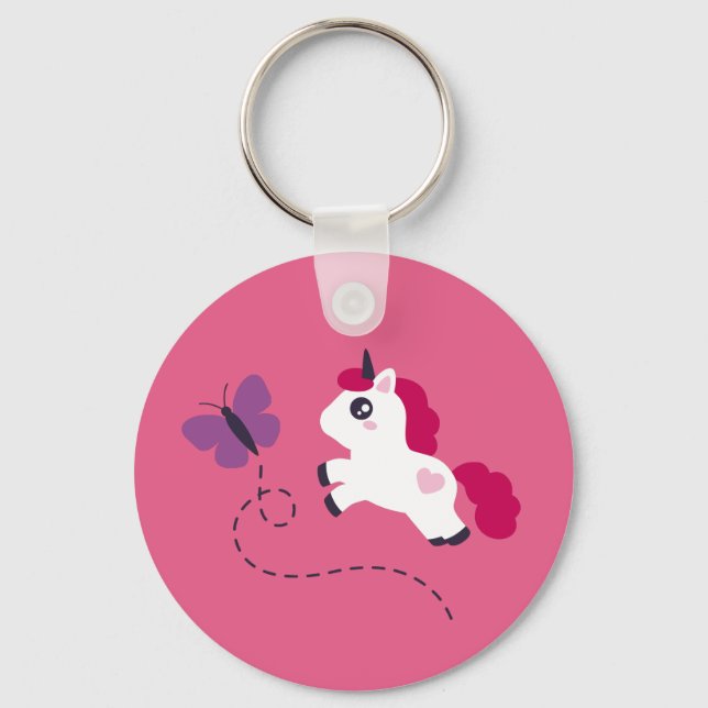 Porte-clés Cute licorne blanche avec un papillon (Recto)