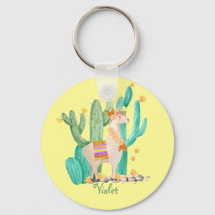 Porte-clés Cute Llama and Cactus with Flowers - Yellow