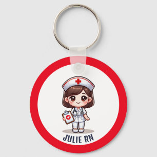 Porte-clés Cute Manga Nurse Brunette Caricature sur mesure