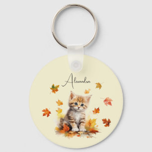 Porte-clés Cute Orange Tabby Kitten dans les feuilles d'autom