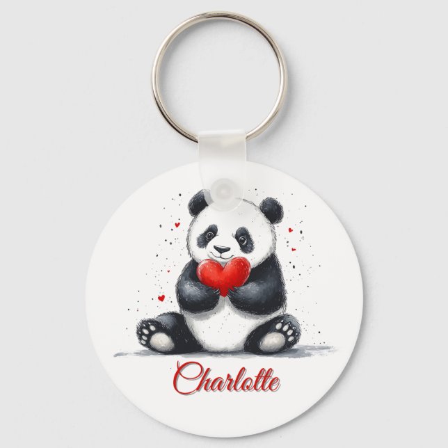 Porte-clés Cute Panda Holding Heart avec nom personnalisable (Recto)