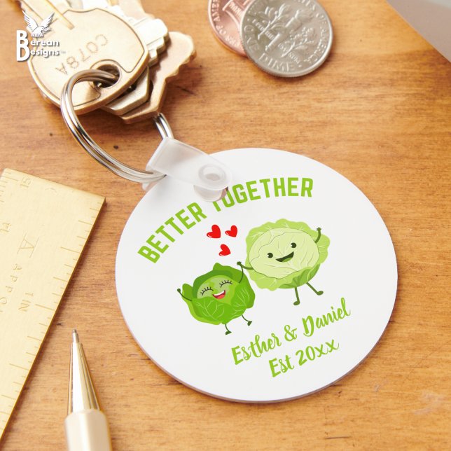 Porte-clés Cute Personalized Kawaii Cabbage Valentine Couples (Fun BETTER TOGETHER cabbage Valentine keyring with cute kawaii cabbage heads. Incl personalization.)