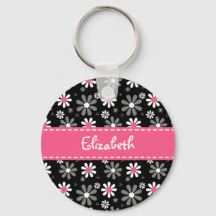Porte-clés Cute Pink and Black Girly Mod Daisies With Name