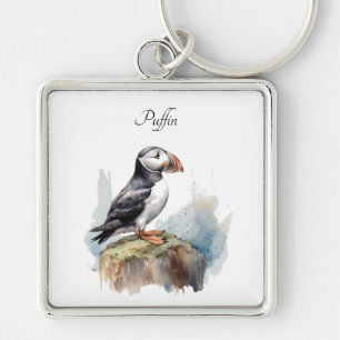 Porte-clés Cute Puffin sur une roche aquarelle