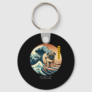 Porte-clés Cute Pug Vague de Kanagawa Surfant Japonais Kawaii