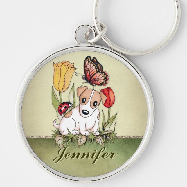 Porte-clés Cute Puppy with Butterfly, Ladybug and Tulips (Devant)