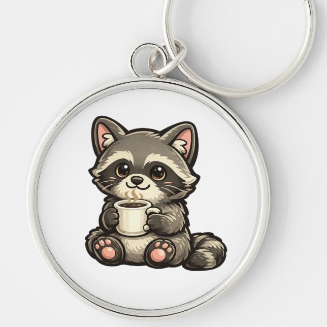 Porte-clés Cute Raccoon with Coffee – Cozy Kawaii Animal (Devant)