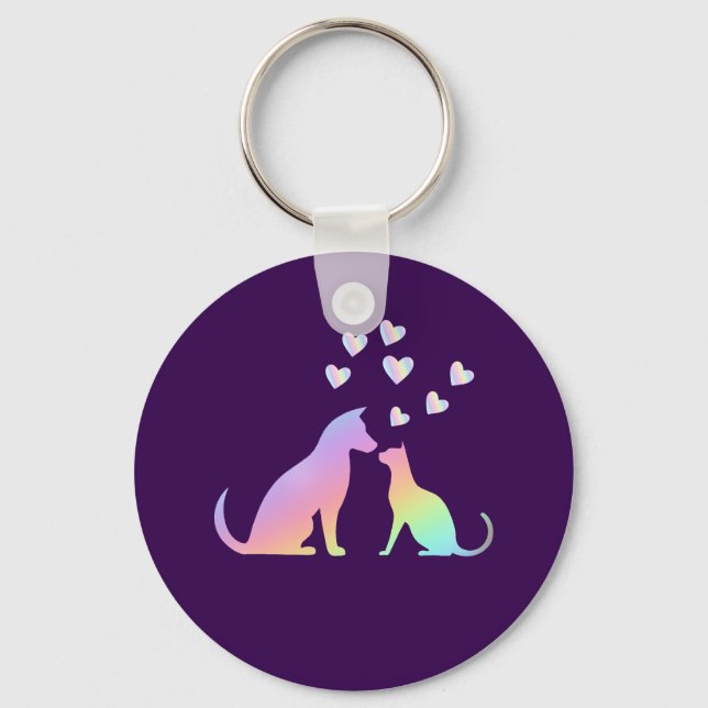 Porte-clés Cute Rainbow Cat and Dog Silhouette Love Purple To (Recto)