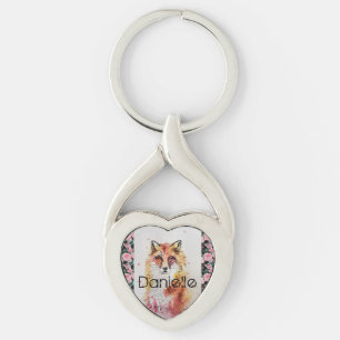 Porte-clés Cute Red Fox Aquarelle Rose Rose Filles Dames Ke