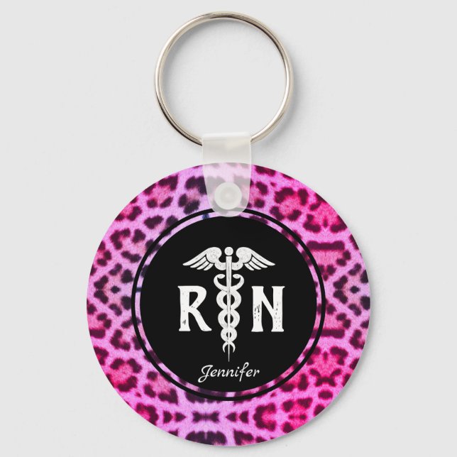 Porte-clés Cute Registered Nurse Caduceus Pink Leopard Custom (Recto)